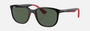 Ray-Ban Junior RJ9078S 713171 square sunglasses for kids in full rim injected, with polished black on red frame, and dark green lenses. 48mm in lens size, 16mm in bridge size, and 135mm in temple length.