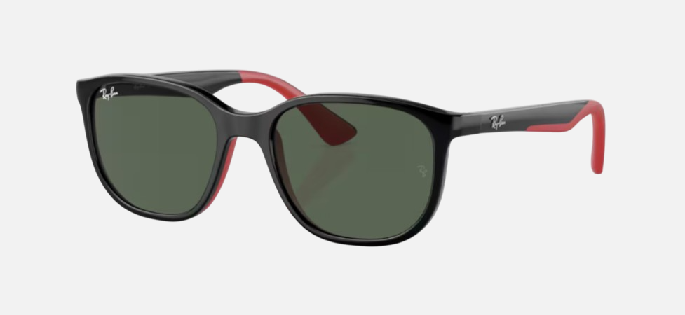 Ray-Ban Junior RJ9078S 713171 square sunglasses for kids in full rim injected, with polished black on red frame, and dark green lenses. 48mm in lens size, 16mm in bridge size, and 135mm in temple length.