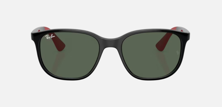 Ray-Ban Junior RJ9078S 713171 square sunglasses for kids in full rim injected, with polished black on red frame, and dark green lenses. 48mm in lens size, 16mm in bridge size, and 135mm in temple length.