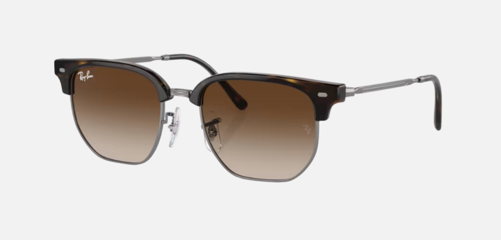 Ray-Ban Junior New Clubmaster RJ9116S 152/13 irregular sunglasses for kids in full rim injected, with polished havana on gunmetal frame, and brown lenses. 47mm in lens size, 17mm in bridge size, and 125mm in temple length.