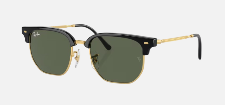 Ray-Ban Junior New Clubmaster RJ9116S 100/71 irregular sunglasses for kids in full rim injected, with polished black on gold frame, and dark green lenses. 47mm in lens size, 17mm in bridge size, and 125mm in temple length.