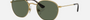 Ray-Ban Junior Rob Kids RJ9572S 223/71 irregular sunglasses for kids in full rim metal, with polished arista gold frame, and green lenses. 48mm in lens size, 19mm in bridge size, and 130mm in temple length.
