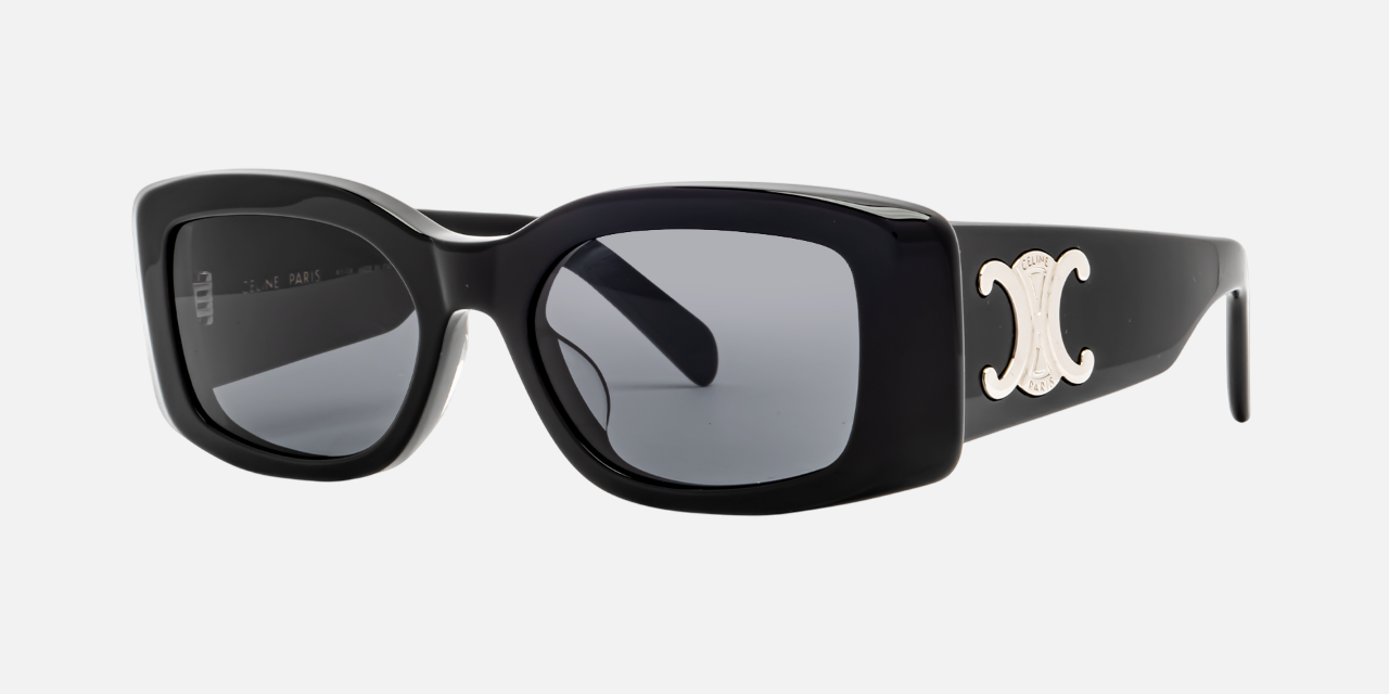 Celine Triomphe CL40282U 01A square sunglasses for women in full rim acetate, with shiny black with silver frame, and grey lenses. 53mm in lens size, 18mm in bridge size, and 135mm in temple length.