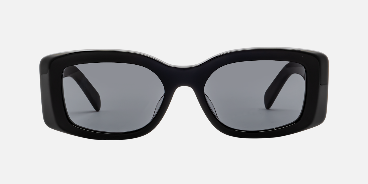 Celine Triomphe CL40282U 01A square sunglasses for women in full rim acetate, with shiny black with silver frame, and grey lenses. 53mm in lens size, 18mm in bridge size, and 135mm in temple length.