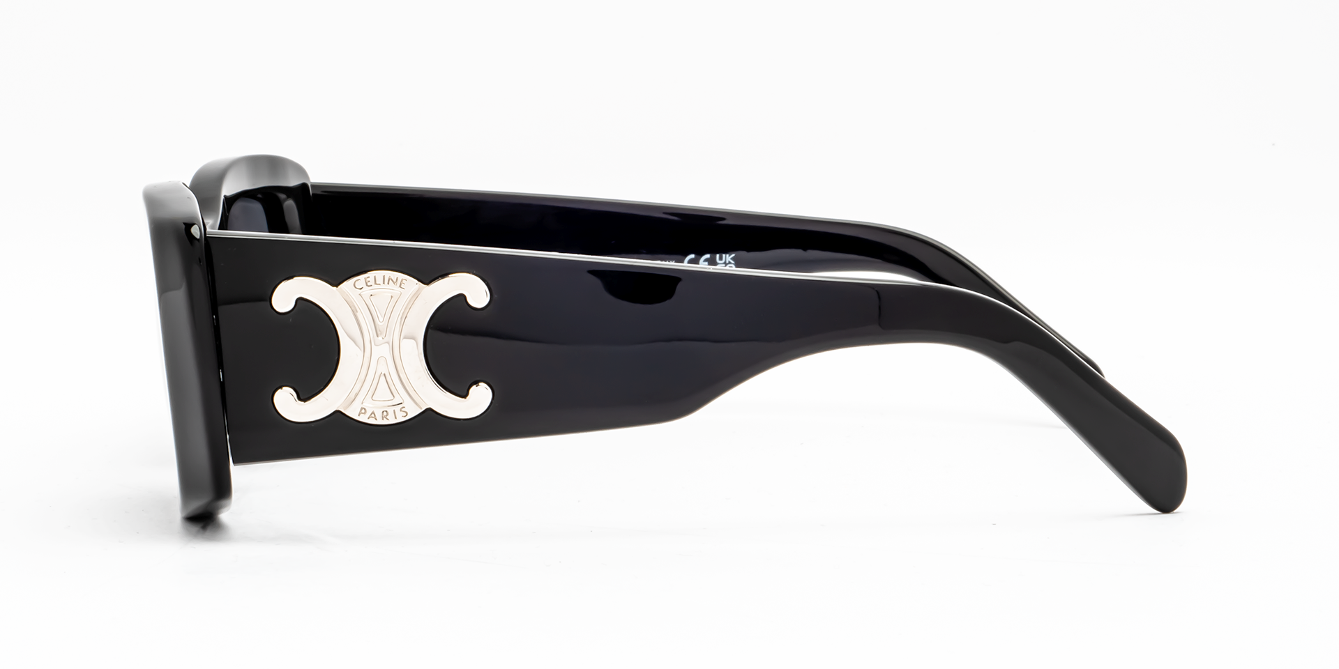 Celine Triomphe CL40282U 01A square sunglasses for women in full rim acetate, with shiny black with silver frame, and grey lenses. 53mm in lens size, 18mm in bridge size, and 135mm in temple length.