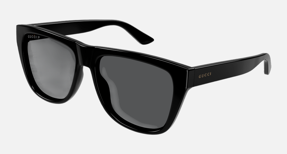 Gucci GG1345S 002 square sunglasses for men in full rim plastic, with black frame, and grey lenses. 57mm in lens size, 16mm in bridge size, and 145mm in temple length.