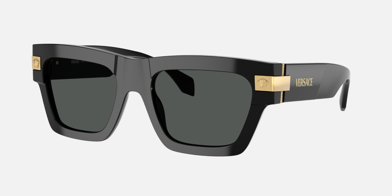 Versace VE4464 GB187 rectangular sunglasses for men in full rim plastic, with black frame, and dark grey lenses. 55mm in lens size, 20mm in bridge size, and 145mm in temple length.