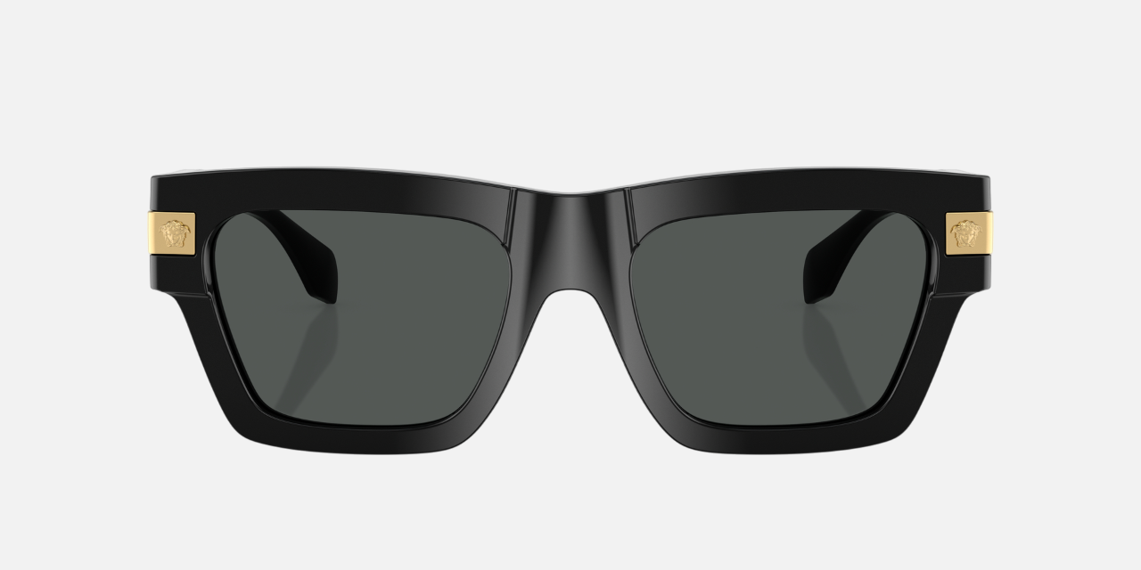 Versace VE4464 GB187 rectangular sunglasses for men in full rim plastic, with black frame, and dark grey lenses. 55mm in lens size, 20mm in bridge size, and 145mm in temple length.