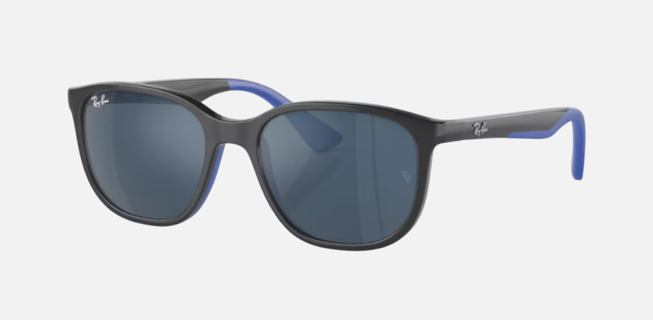 Ray-Ban Junior RJ9078S 715155 square sunglasses for kids in full rim injected, with polished grey on blue
  frame, and dark blue lenses. 48mm in lens size, 16mm in bridge size, and 135mm in temple length.