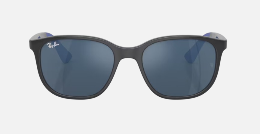 Ray-Ban Junior RJ9078S 715155 square sunglasses for kids in full rim injected, with polished grey on blue
  frame, and dark blue lenses. 48mm in lens size, 16mm in bridge size, and 135mm in temple length.