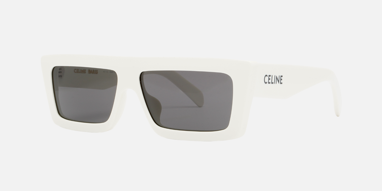 Celine CL40214U 25A rectangular sunglasses for women in full rim acetate, with white frame, and grey smoke lenses. 57mm in lens size, 13mm in bridge size, and 140mm in temple length.