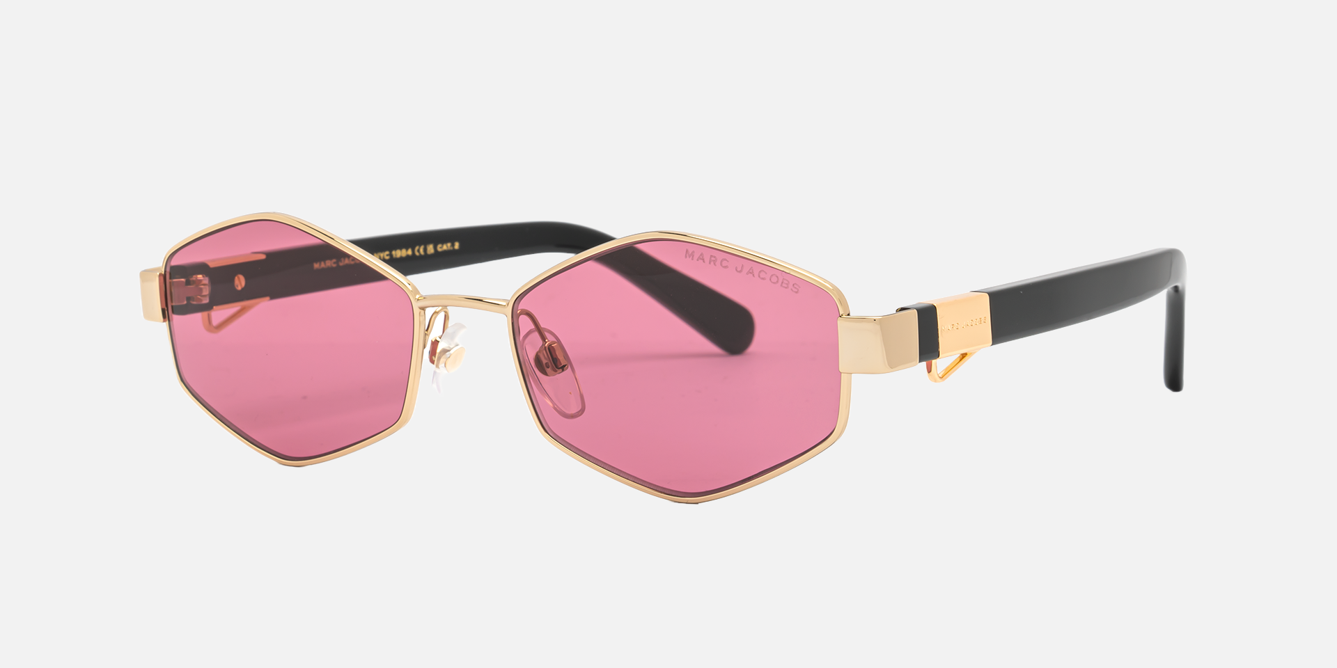Marc Jacobs Marc 496/S Y11/VC hexagonal sunglasses for women in full rim metal, with gold frame, and pink lenses. 55mm in lens size, 17mm in bridge size, and 140mm in temple length.