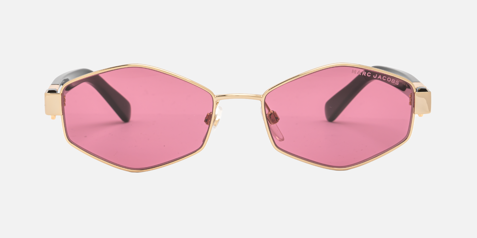 Marc Jacobs Marc 496/S Y11/VC hexagonal sunglasses for women in full rim metal, with gold frame, and pink lenses. 55mm in lens size, 17mm in bridge size, and 140mm in temple length.