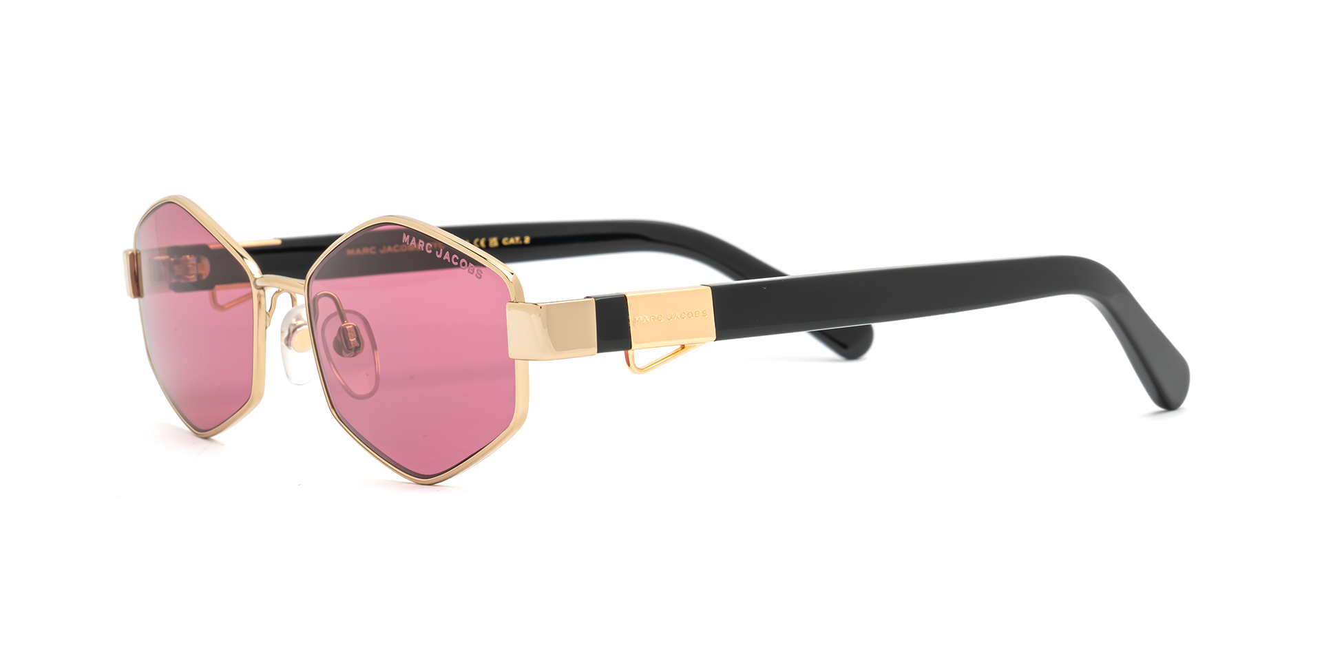 Marc Jacobs Marc 496/S Y11/VC hexagonal sunglasses for women in full rim metal, with gold frame, and pink lenses. 55mm in lens size, 17mm in bridge size, and 140mm in temple length.