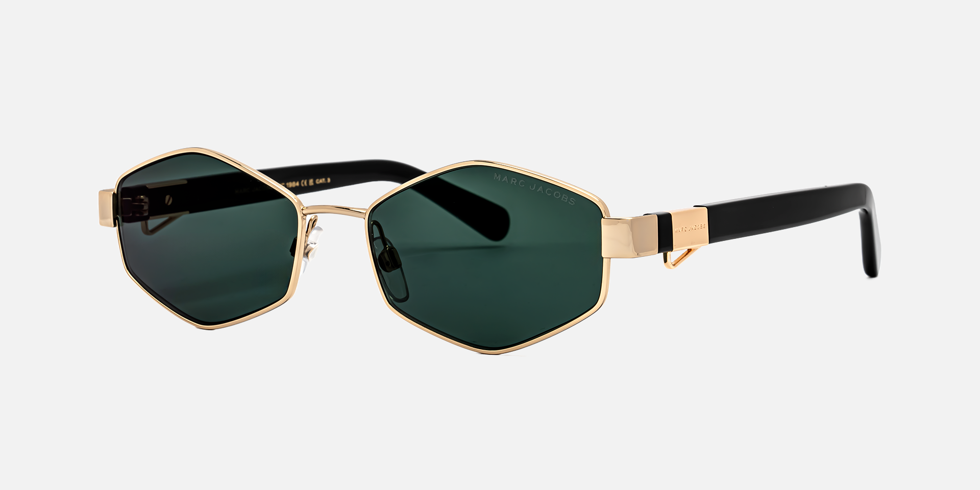 Marc Jacobs Marc 496/S PEF/MT hexagonal sunglasses for women in full rim metal, with gold frame, and green mirror lenses. 55mm in lens size, 17mm in bridge size, and 140mm in temple length.