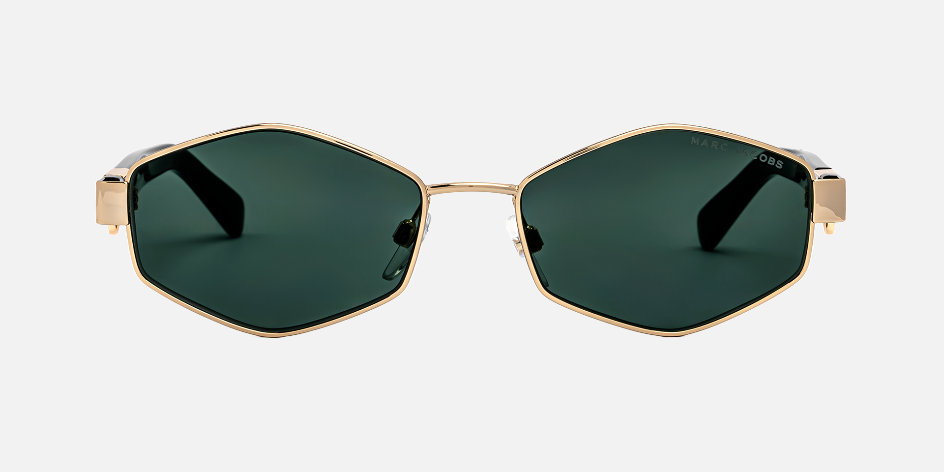 Marc Jacobs Marc 496/S PEF/MT hexagonal sunglasses for women in full rim metal, with gold frame, and green mirror lenses. 55mm in lens size, 17mm in bridge size, and 140mm in temple length.