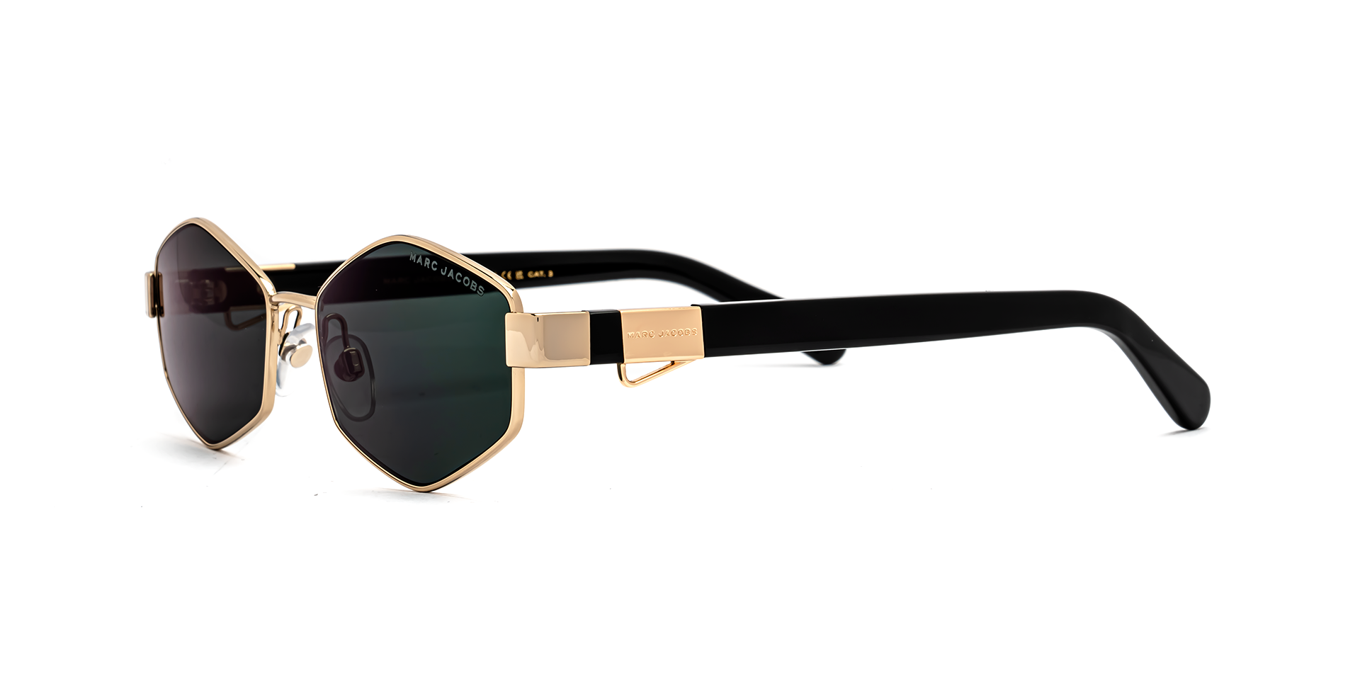 Marc Jacobs Marc 496/S PEF/MT hexagonal sunglasses for women in full rim metal, with gold frame, and green mirror lenses. 55mm in lens size, 17mm in bridge size, and 140mm in temple length.