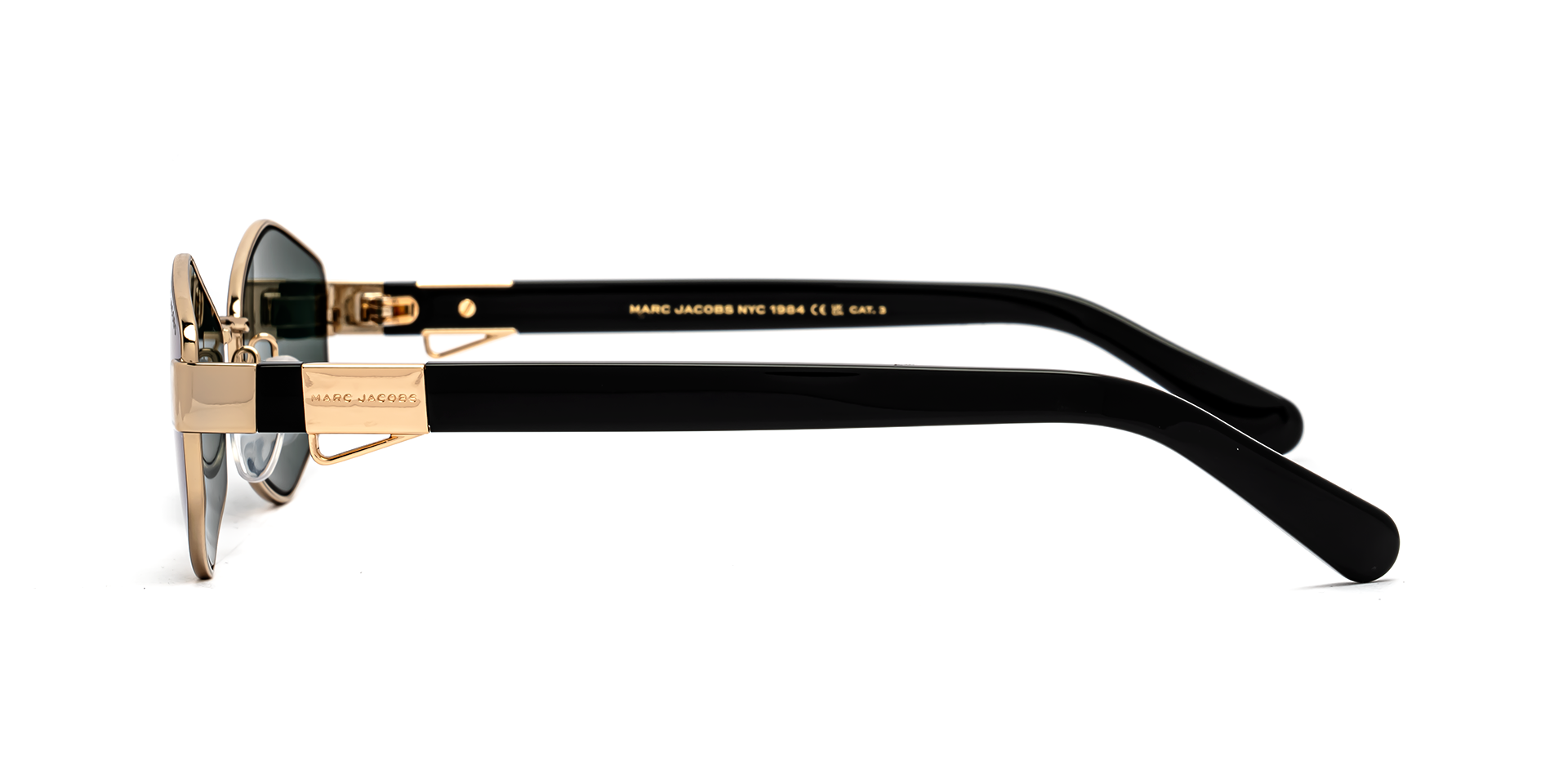 Marc Jacobs Marc 496/S PEF/MT hexagonal sunglasses for women in full rim metal, with gold frame, and green mirror lenses. 55mm in lens size, 17mm in bridge size, and 140mm in temple length.