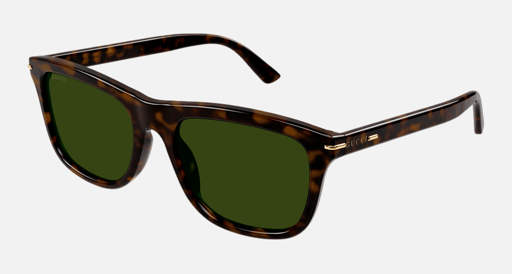 Gucci GG1444S 002 square sunglasses for men in full rim plastic, with havana frame, and green lenses. 55mm in lens size, 20mm in bridge size, and 145mm in temple length.