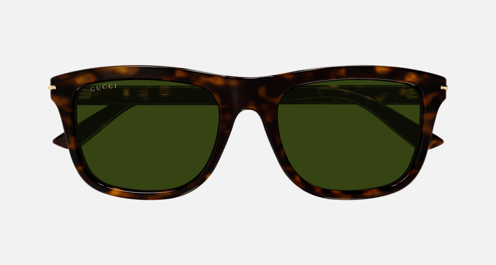 Gucci GG1444S 002 square sunglasses for men in full rim plastic, with havana frame, and green lenses. 55mm in lens size, 20mm in bridge size, and 145mm in temple length.