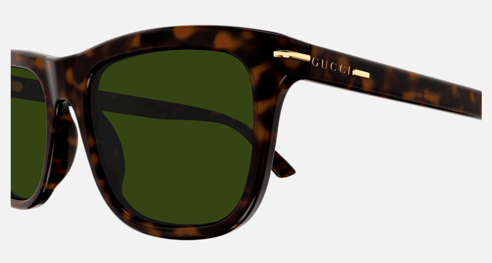 Gucci GG1444S 002 square sunglasses for men in full rim plastic, with havana frame, and green lenses. 55mm in lens size, 20mm in bridge size, and 145mm in temple length.