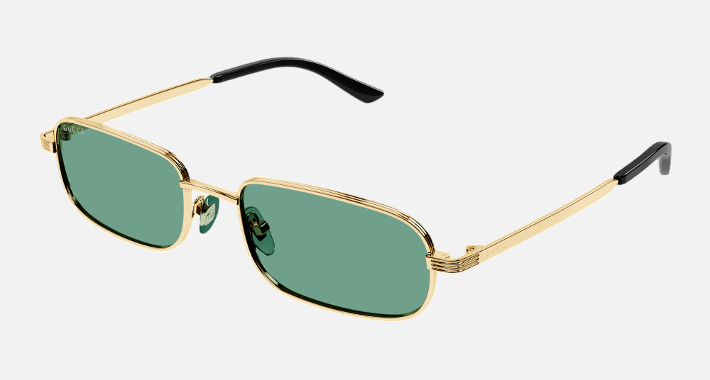 Gucci GG1457S 005 rectangular sunglasses for men in full rim metal, with gold frame, and green lenses. 57mm in lens size, 19mm in bridge size, and 145mm in temple length.