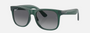 Ray-Ban Junior Justin Kids RJ9069S 7130T3 square sunglasses for kids in full rim injected, with polished opal green frame, and grey polarized lenses. 48mm in lens size, 16mm in bridge size, and 130mm in temple length.