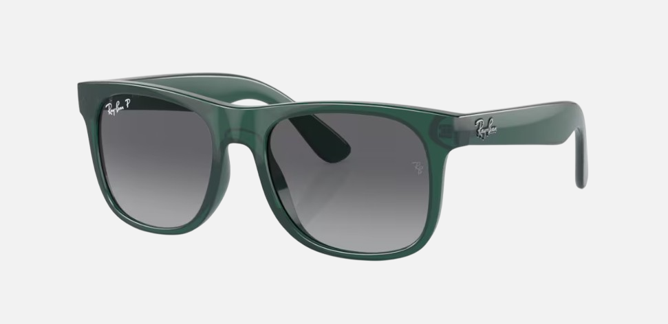 Ray-Ban Junior Justin Kids RJ9069S 7130T3 square sunglasses for kids in full rim injected, with polished opal green frame, and grey polarized lenses. 48mm in lens size, 16mm in bridge size, and 130mm in temple length.