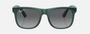 Ray-Ban Junior Justin Kids RJ9069S 7130T3 square sunglasses for kids in full rim injected, with polished opal green frame, and grey polarized lenses. 48mm in lens size, 16mm in bridge size, and 130mm in temple length.