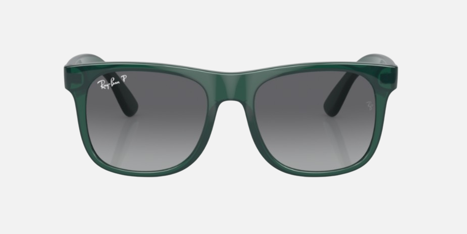 Ray-Ban Junior Justin Kids RJ9069S 7130T3 square sunglasses for kids in full rim injected, with polished opal green frame, and grey polarized lenses. 48mm in lens size, 16mm in bridge size, and 130mm in temple length.