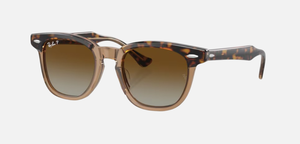 Ray-Ban Junior RJ9098S 7152T5 square sunglasses for kids in full rim acetate, with havana on transparent frame, and brown gradient lenses. 45mm in lens size, 18mm in bridge size, and 130mm in temple length.