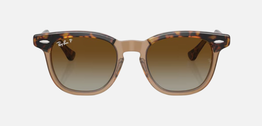 Ray-Ban Junior RJ9098S 7152T5 square sunglasses for kids in full rim acetate, with havana on transparent frame, and brown gradient lenses. 45mm in lens size, 18mm in bridge size, and 130mm in temple length.