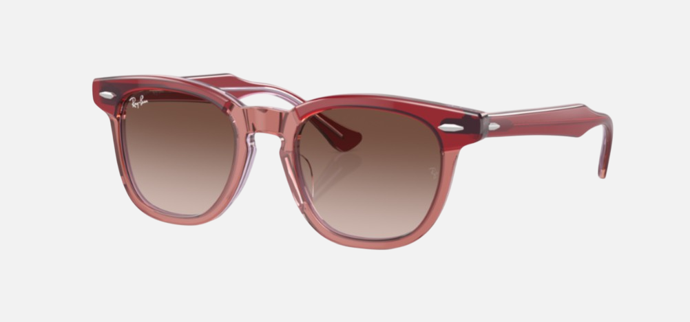 Ray-Ban Junior RJ9098S 715413 square sunglasses for kids in full rim acetate, with polished top red & orange & light purple frame, and brown lenses. 45mm in lens size, 18mm in bridge size, and 130mm in temple length.