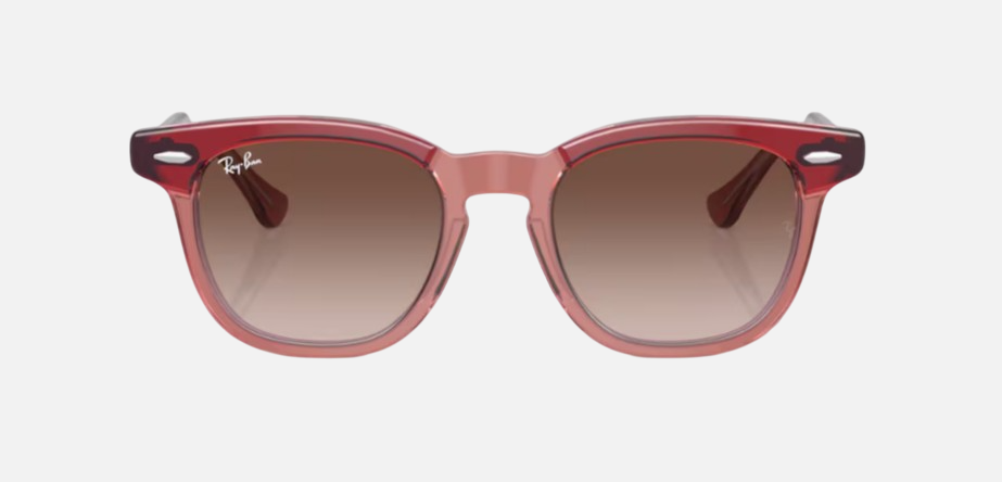Ray-Ban Junior RJ9098S 715413 square sunglasses for kids in full rim acetate, with polished top red & orange & light purple frame, and brown lenses. 45mm in lens size, 18mm in bridge size, and 130mm in temple length.