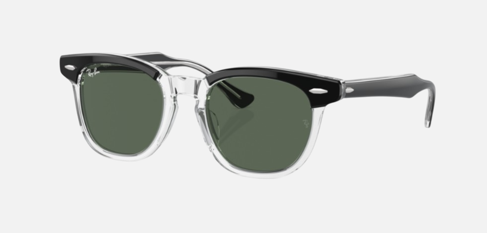 Ray-Ban Junior RJ9098S 715871 square sunglasses for kids in full rim acetate, with polished black on transparent frame, and dark green lenses. 45mm in lens size, 18mm in bridge size, and 130mm in temple length.