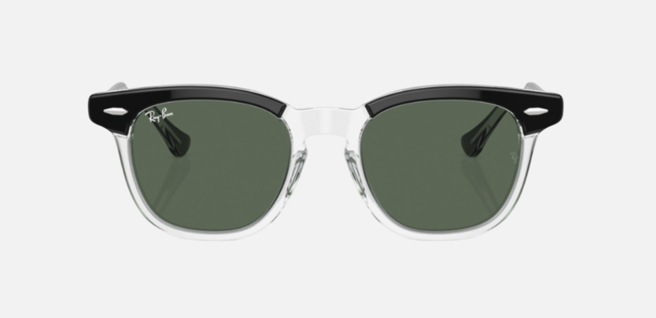 Ray-Ban Junior RJ9098S 715871 square sunglasses for kids in full rim acetate, with polished black on transparent frame, and dark green lenses. 45mm in lens size, 18mm in bridge size, and 130mm in temple length.