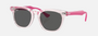 Ray-Ban Junior RJ9098S 716487 square sunglasses for kids in full rim acetate, with transparent pink frame, and dark grey lenses. 45mm in lens size, 18mm in bridge size, and 130mm in temple length.