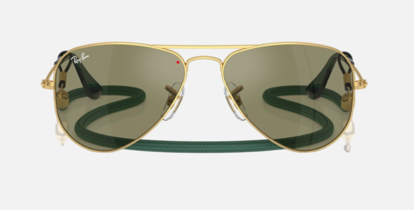 Ray-Ban Junior Aviator Kids RJ9506S 223/6R pilot sunglasses for kids in full rim metal, with polished arista gold frame, and green mirror lenses. 52mm in lens size, 14mm in bridge size, and 125mm in temple length.