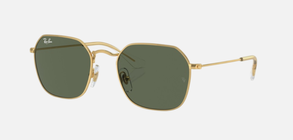 Ray-Ban Junior RJ9594S 223/71 irregular sunglasses for kids in full rim metal, with gold frame, and dark green lenses. 49mm in lens size, 19mm in bridge size, and 130mm in temple length.