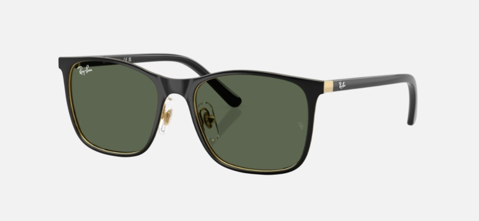 Ray-Ban Junior RJ9551S 294/71 square sunglasses for kids in full rim metal, with black frame, and dark green lenses. 48mm in lens size, 16mm in bridge size, and 125mm in temple length.