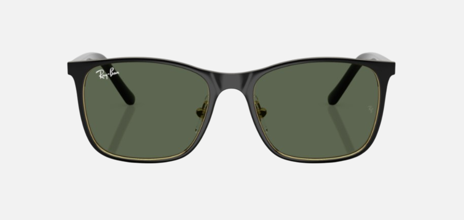 Ray-Ban Junior RJ9551S 294/71 square sunglasses for kids in full rim metal, with black frame, and dark green lenses. 48mm in lens size, 16mm in bridge size, and 125mm in temple length.