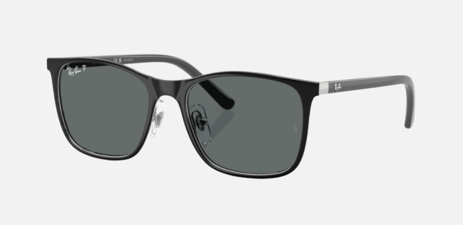 Ray-Ban Junior RJ9551S 295/81 square sunglasses for kids in full rim metal, with polished black on silver
  frame, and dark grey polarized lenses. 48mm in lens size, 16mm in bridge size, and 125mm in temple length.