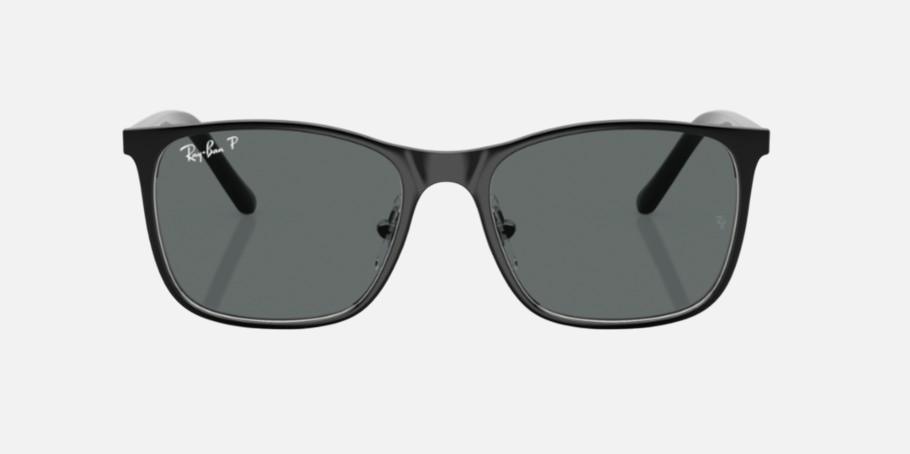 Ray-Ban Junior RJ9551S 295/81 square sunglasses for kids in full rim metal, with polished black on silver
  frame, and dark grey polarized lenses. 48mm in lens size, 16mm in bridge size, and 125mm in temple length.