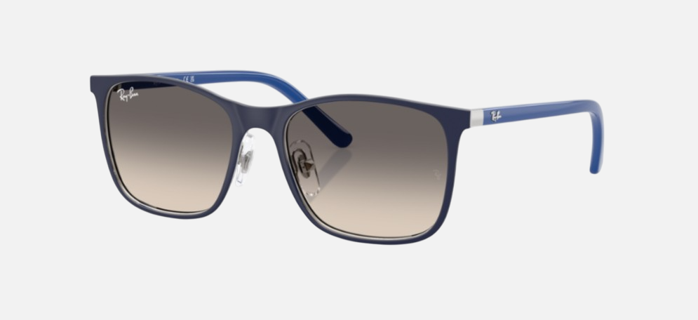 Ray-Ban Junior RJ9551S 298/11 square sunglasses for kids in full rim metal, with blue on silver frame, and grey gradien lenses. 48mm in lens size, 16mm in bridge size, and 125mm in temple length.