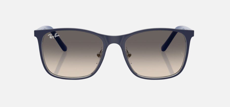 Ray-Ban Junior RJ9551S 298/11 square sunglasses for kids in full rim metal, with blue on silver frame, and grey gradien lenses. 48mm in lens size, 16mm in bridge size, and 125mm in temple length.