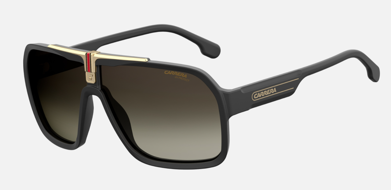 Carrera 1014/S 807 pilot sunglasses for men in full rim plastic, with black frame, and gradient brown lenses. 64mm in lens size, 10mm in bridge size, and 135mm in temple length.
