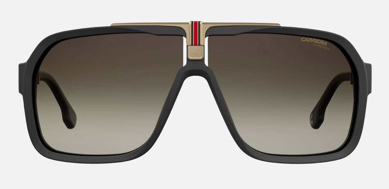 Carrera 1014/S 807 pilot sunglasses for men in full rim plastic, with black frame, and gradient brown lenses. 64mm in lens size, 10mm in bridge size, and 135mm in temple length.