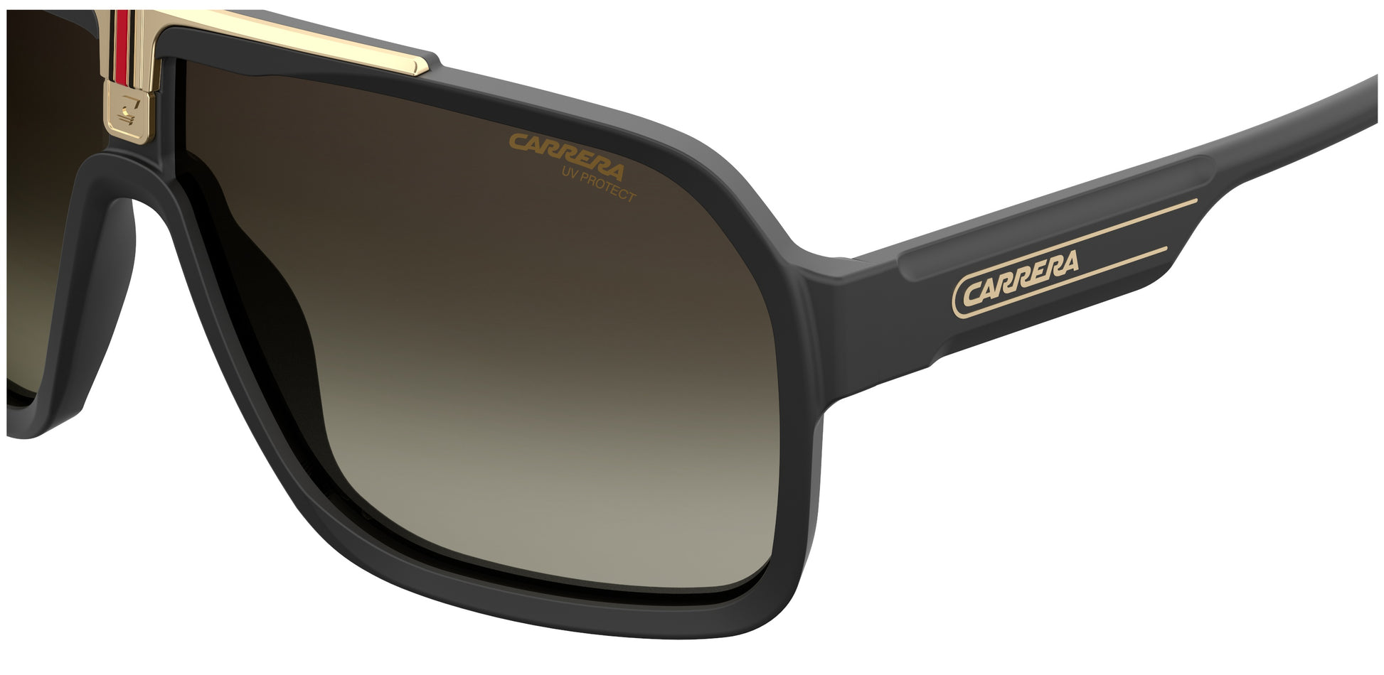 Carrera 1014/S 807 pilot sunglasses for men in full rim plastic, with black frame, and gradient brown lenses. 64mm in lens size, 10mm in bridge size, and 135mm in temple length.