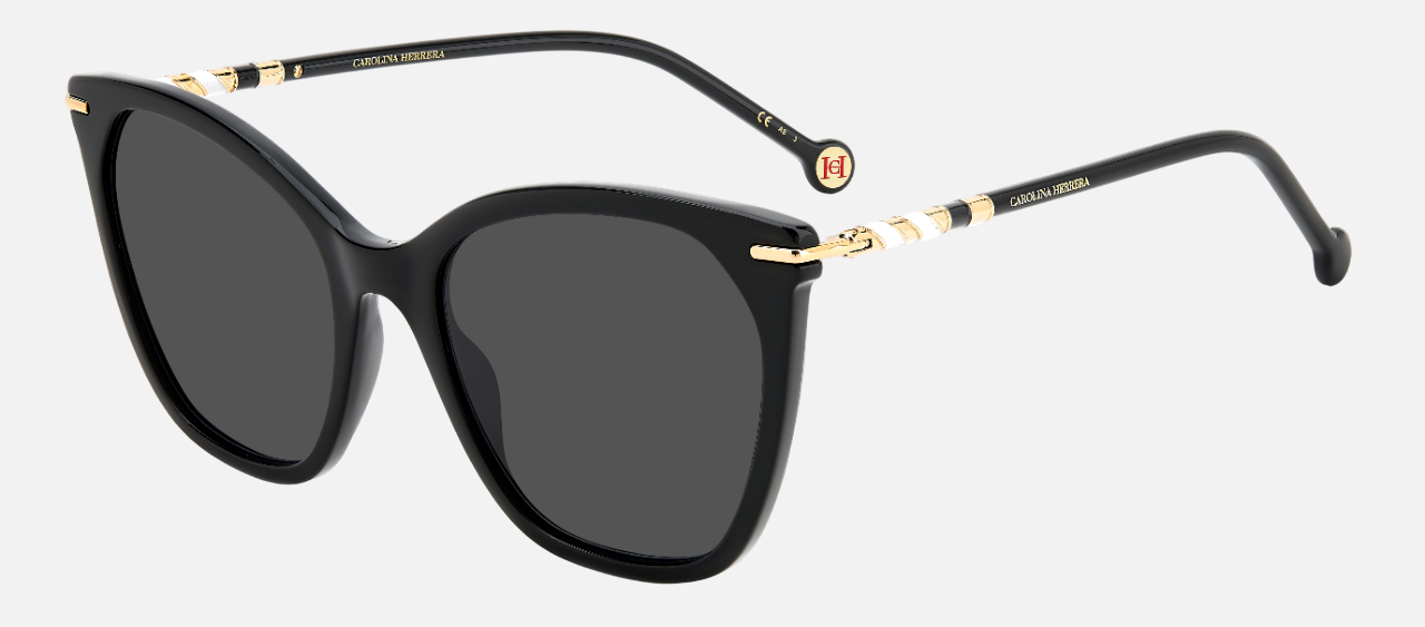 Carolina Herrera HER 0091/S 807 square sunglasses for women in full rim plastic, with black frame, and grey lenses. 56mm in lens size, 20mm in bridge size, and 145mm in temple length.