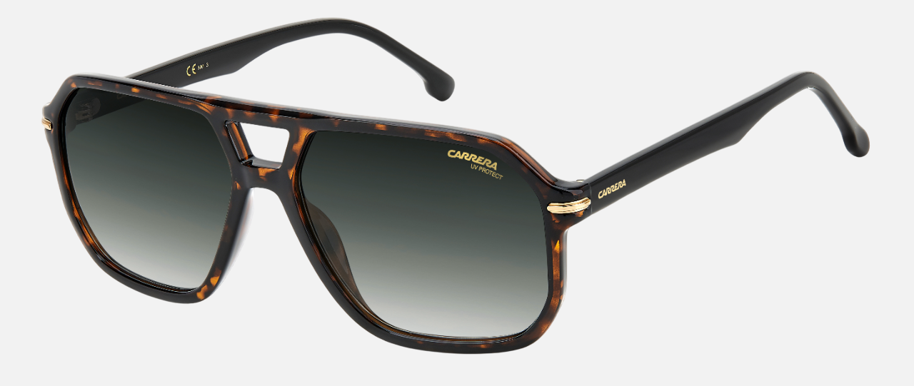 Carrera 302/S 086 men's full rim square sunglasses in a havana plastic frame with gradient grey lenses. Features a 59 mm lens size, 15 mm bridge size, and 145 mm temple length. Available in Dubai, UAE.